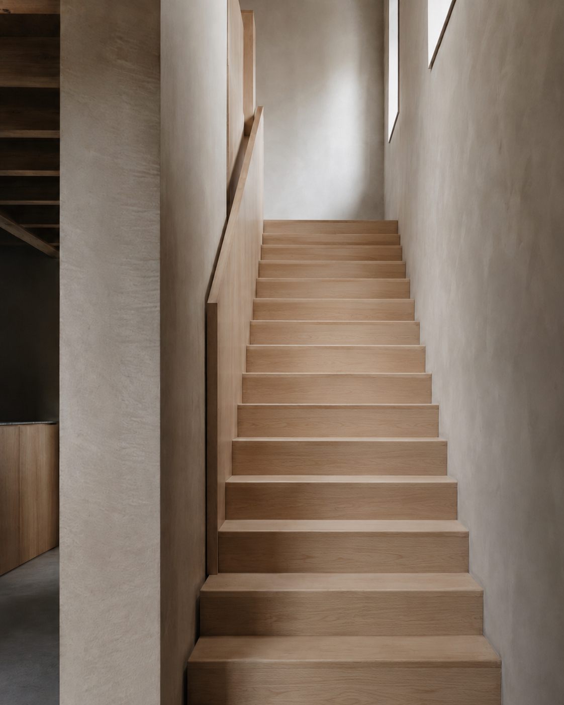Escalier en hêtre de 12 marches avec rampe réalisé à Nort-sur-Erdre