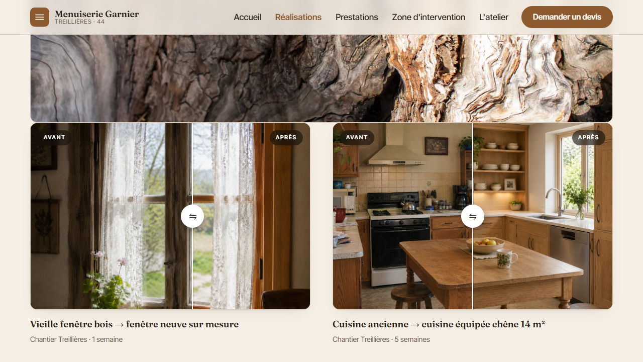 Page réalisations avec compare slider avant/après — site Menuiserie Garnier