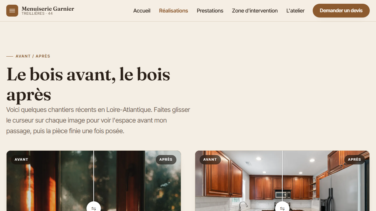 Page atelier avec portrait artisan et essences de bois — site Menuiserie Garnier
