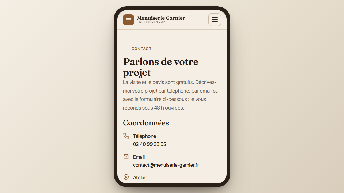 Page contact et devis du site Menuiserie Garnier — vue mobile